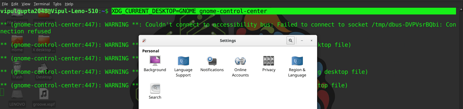 Viewing GNOME control center in XFCE